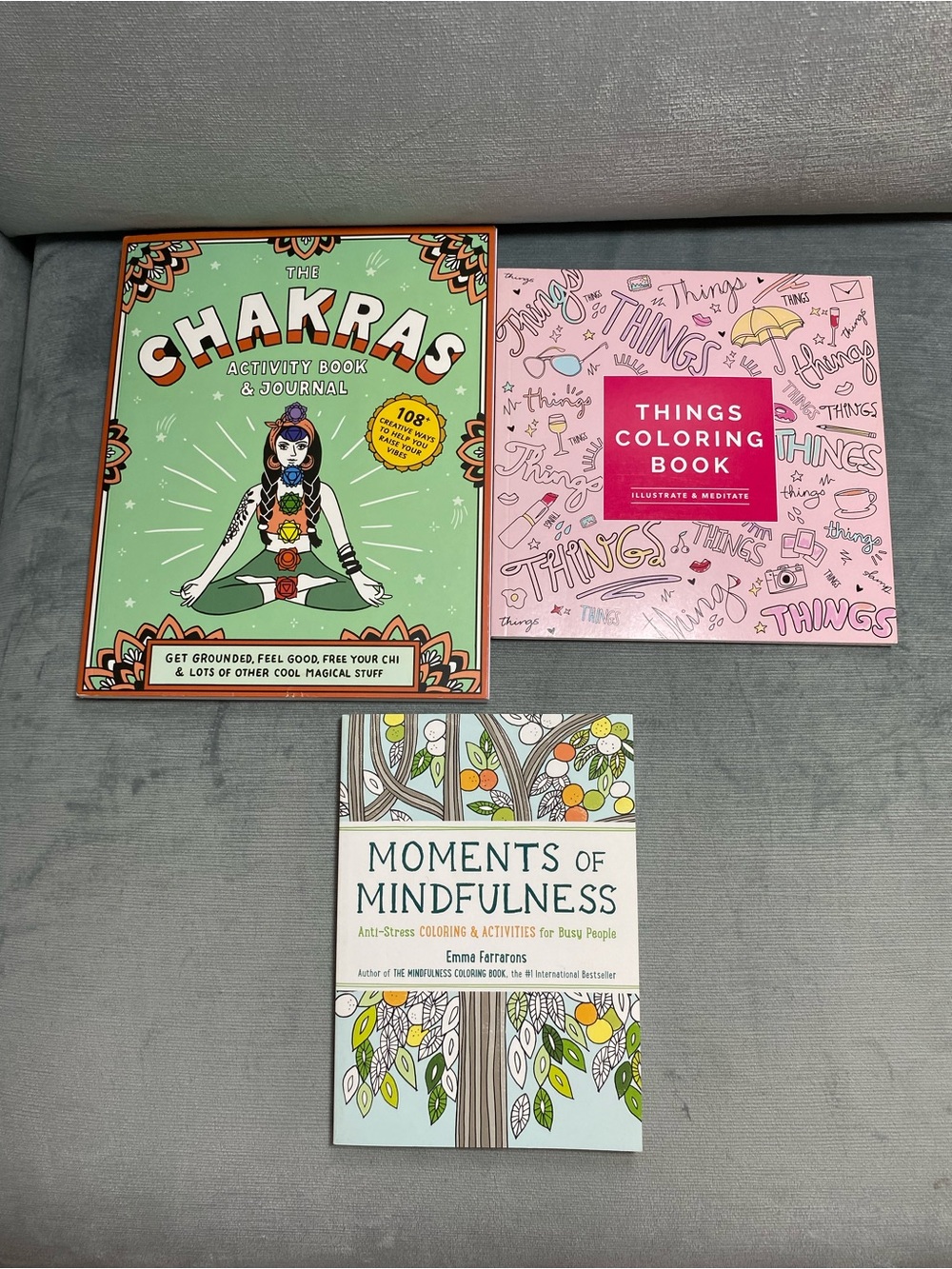 Adult coloring books set of 3 on Mindfulness, the Chakras, and Things to Color